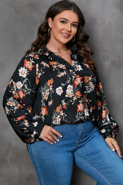 swvws Plus Size Printed Johnny Collar Long Sleeve Blouse