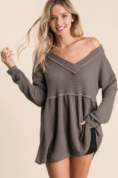 swvws BiBi Waffle Knit V-Neck Babydoll Blouse