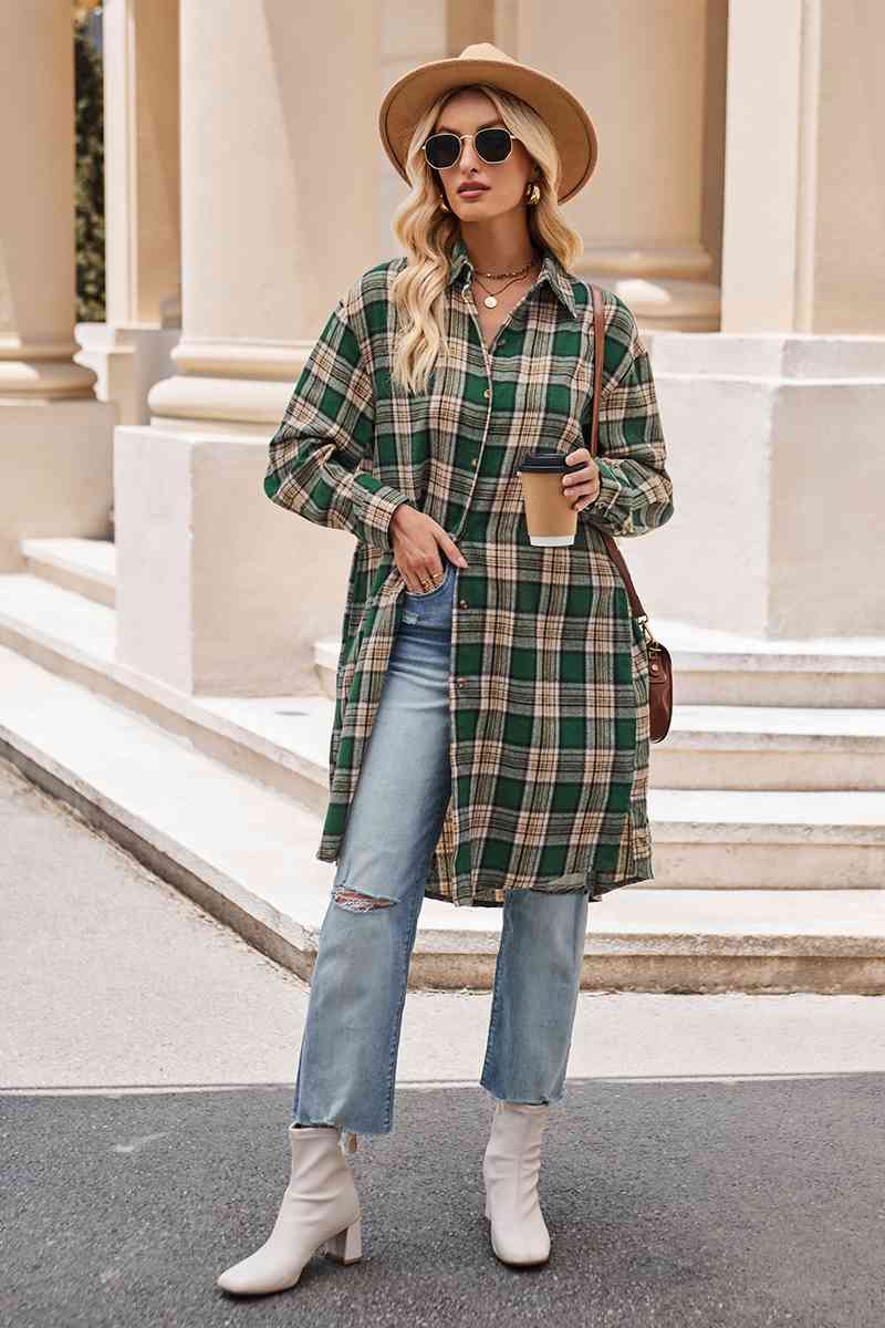 swvws Plaid Collared Neck Long Sleeve Coat