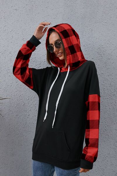 swvws Plaid Drawstring Dropped Shoulder Hoodie