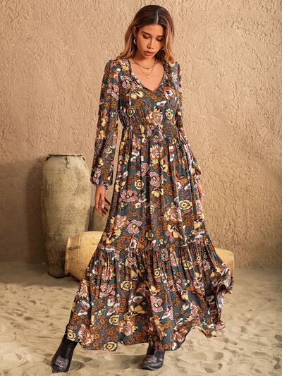 swvws Printed Tie Neck Balloon Sleeve Dress