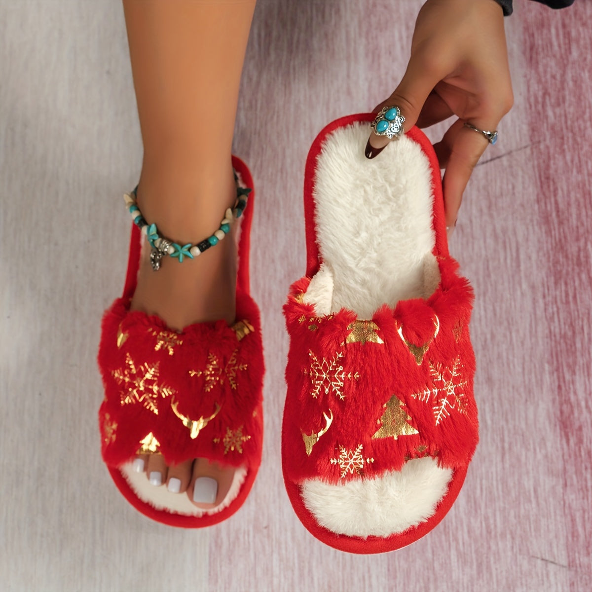 Christmas Tree Plush Flat Slippers, Open Toe Soft Sole Fuzzy Home Shoes, Cozy & Warm Floor Slippers