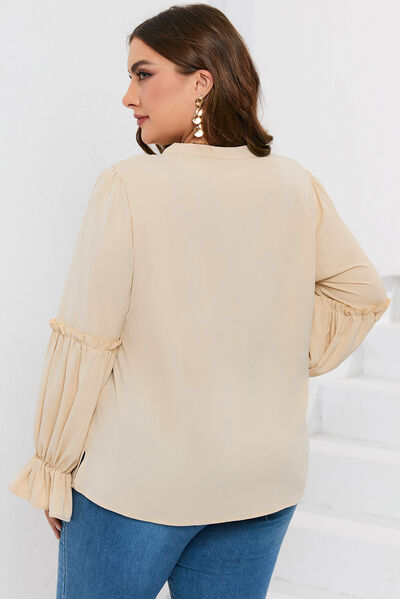 swvws Plus Size Ruffled Tie Neck Flounce Sleeve Blouse