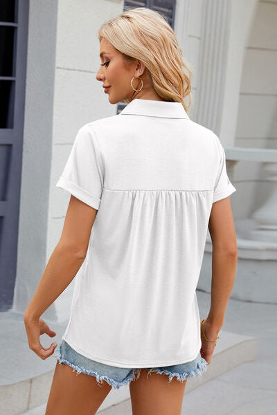 swvws Ruched Johnny Collar Short Sleeve Blouse