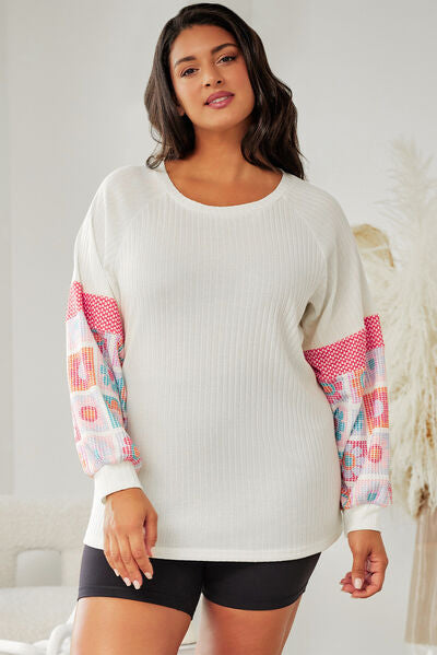 swvws Plus Size Flower Pattern Round Neck Long Sleeve T-Shirt