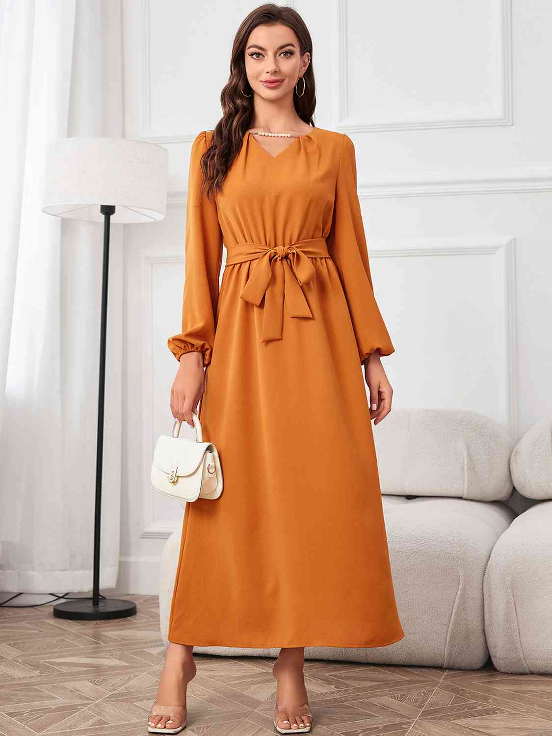 swvws Tie Waist Puff Sleeve Maxi Dress