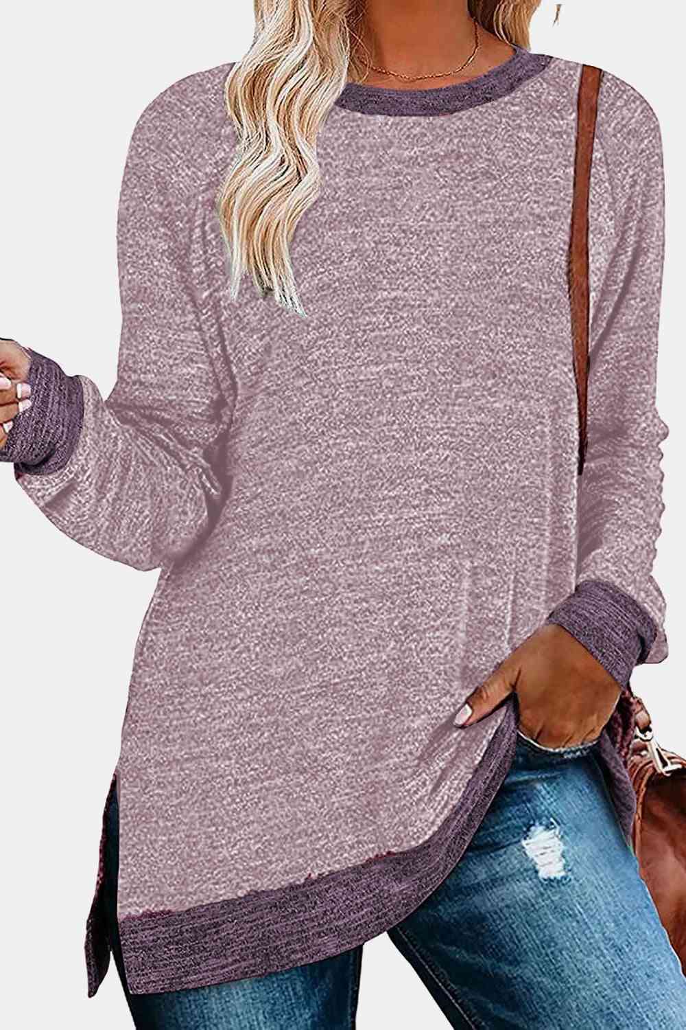 swvws Round Neck Long Sleeve Slit T-Shirt