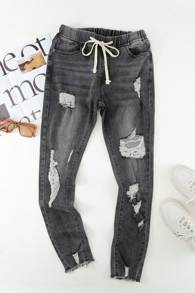 swvws Drawstring Distressed Raw Hem Jeans with Pockets