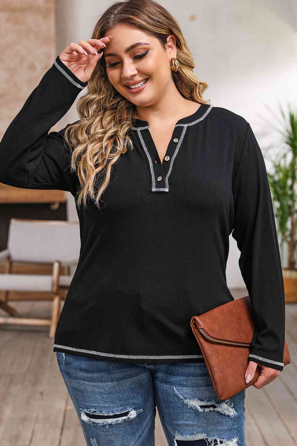 swvws Plus Size Notched Neck Long Sleeve T-Shirt