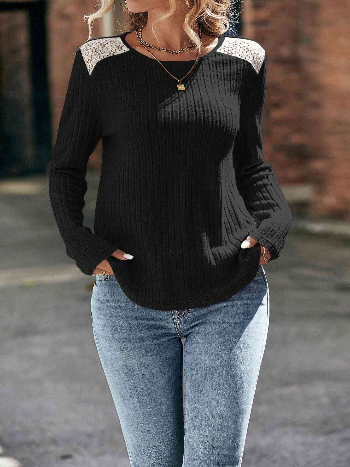 swvws Round Neck Ribbed Long Sleeve T-Shirt