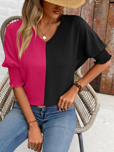 swvws Contrast V-Neck Lantern Sleeve Blouse