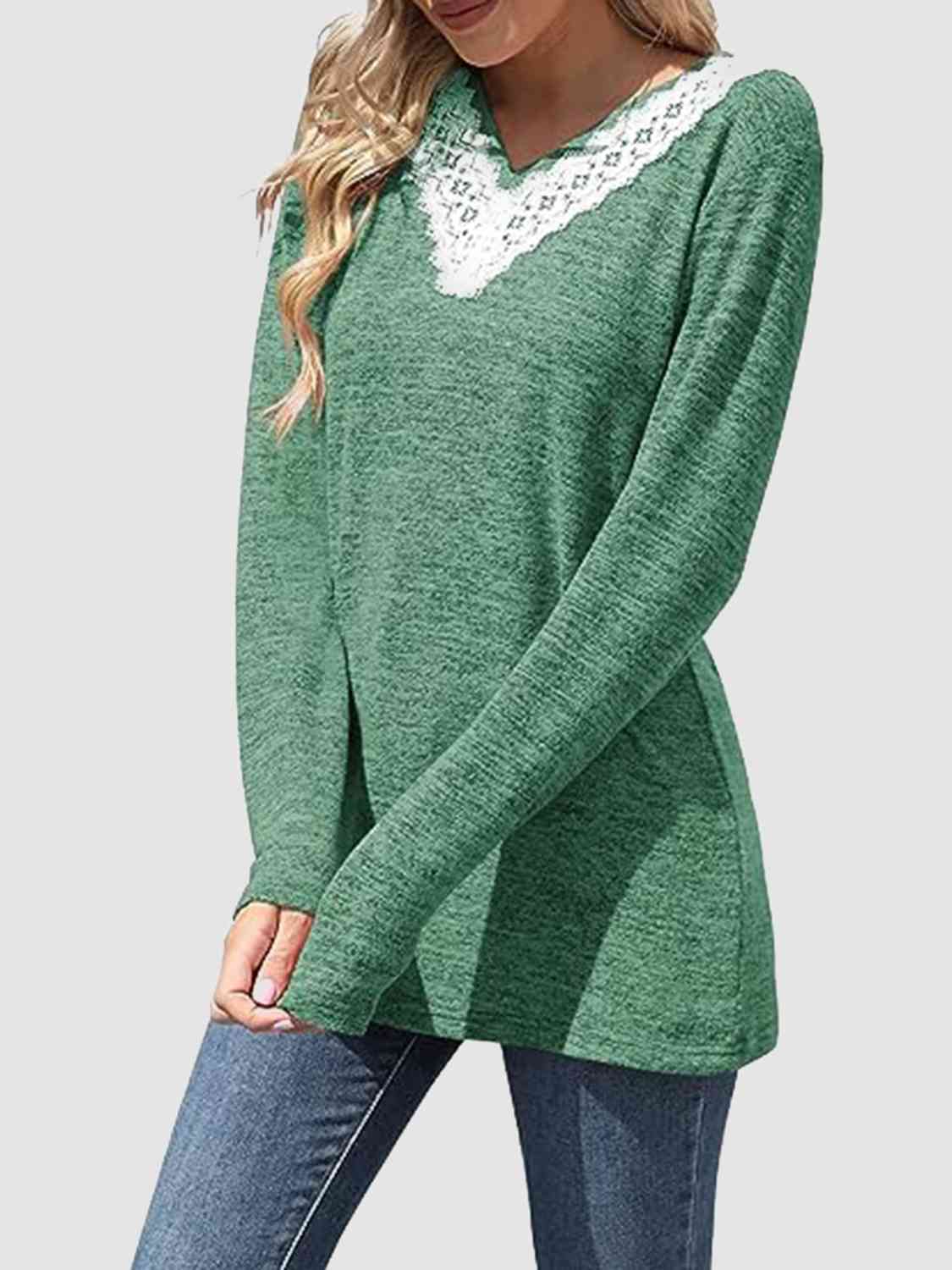 swvws Lace Detail V-Neck Long Sleeve Top