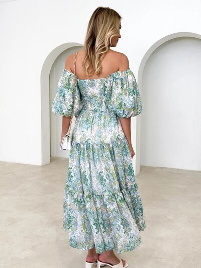 swvws Printed Smocked Off-Shoulder Tiered Dress