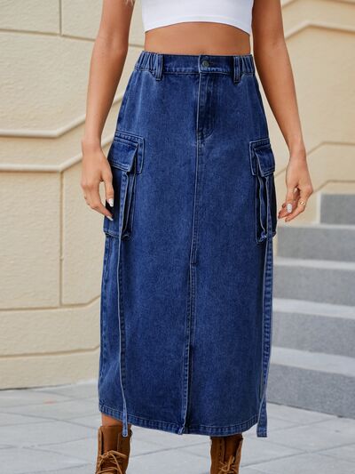 swvws Slit Pocketed High Waist Denim Skirt