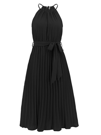 swvws Pleated Spaghetti Strap Tie Waist Midi Dress