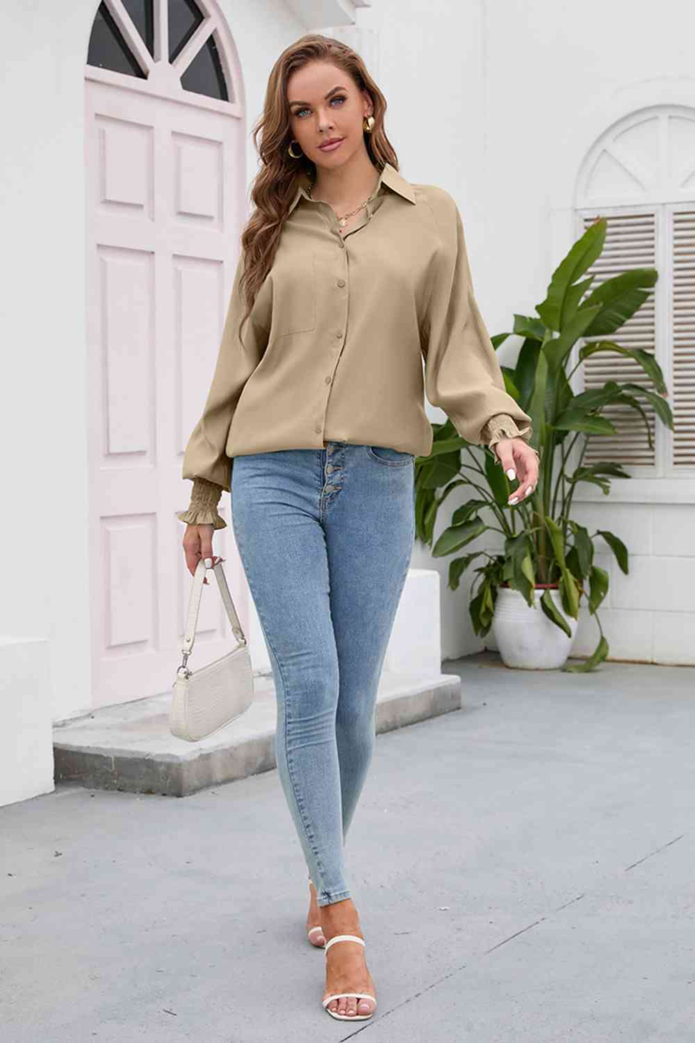 swvws High-Low Collared Neck Lantern Sleeve Shirt