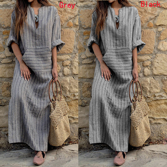 SWVWS Spring and Summer New plus Size Women's Cotton Linen Pocket Yarn-Dyed Loose Length Dress