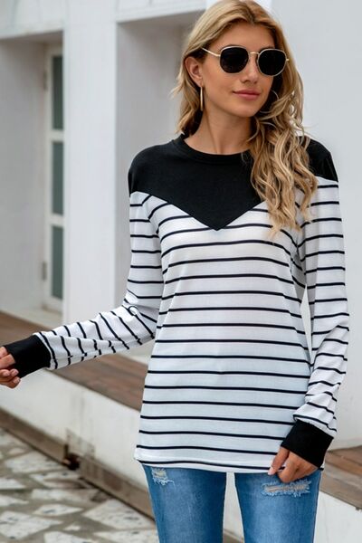 swvws Striped Round Neck Long Sleeve T-Shirt