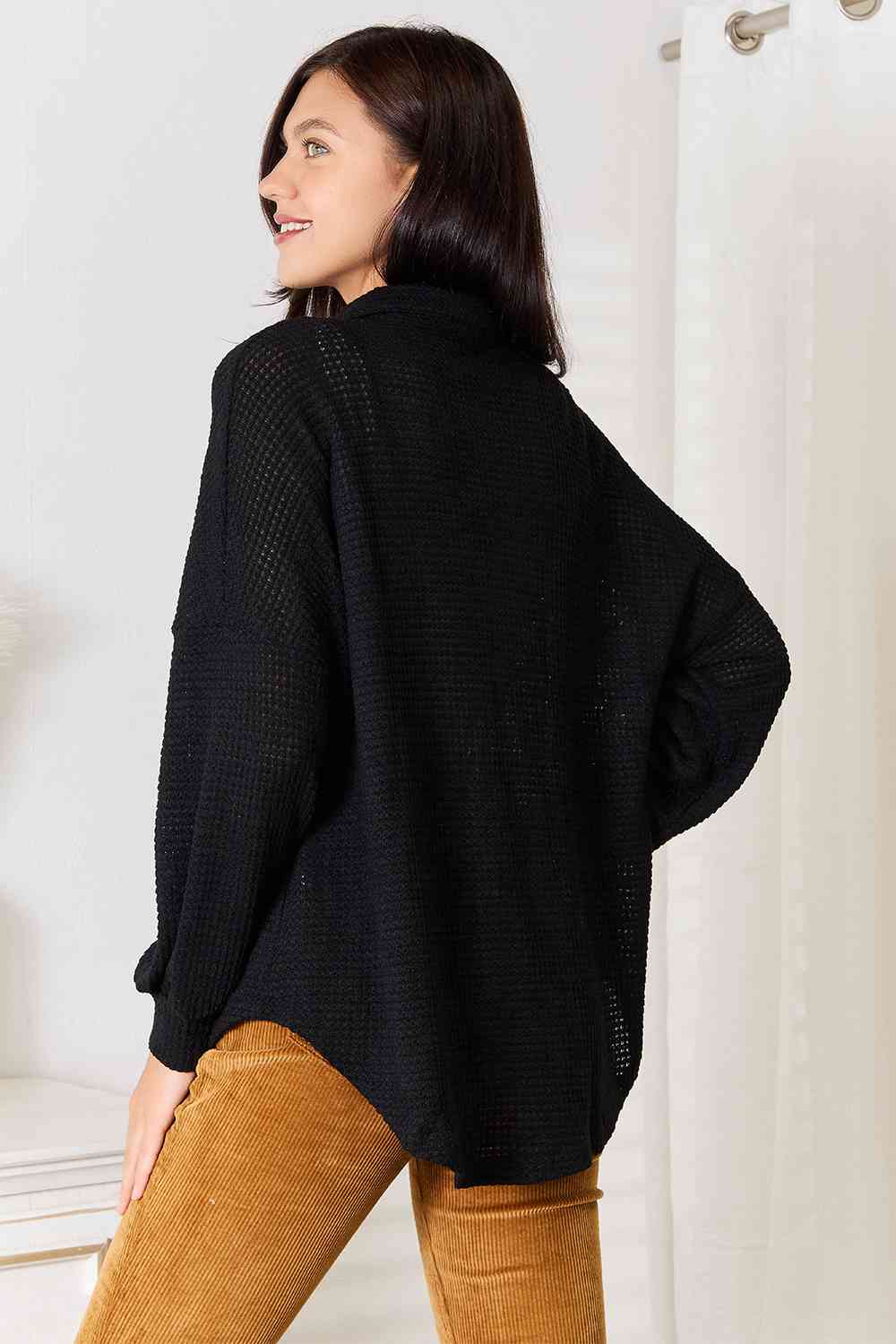 swvws Double Take Waffle-Knit Collared Neck Dropped Shoulder Shirt