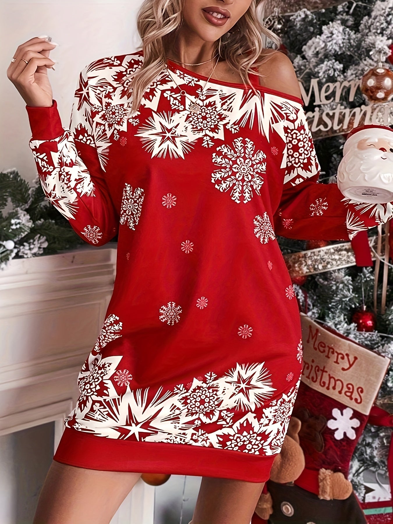 Festive Off-the-Shoulder Snowflake Dress - Women's Casual Polyester Knit One-Shoulder Sleeve Dress for Spring/Fall, Holiday Party, Festive Occasions - Easy to Wear, Comfortable, Relaxed Fit