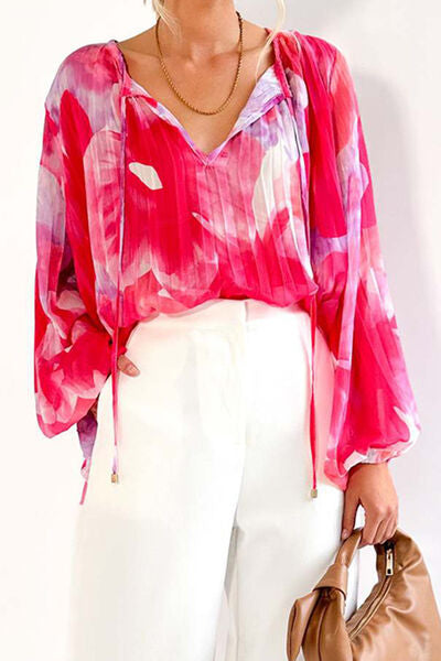 swvws Printed Tie Neck Balloon Sleeve Blouse