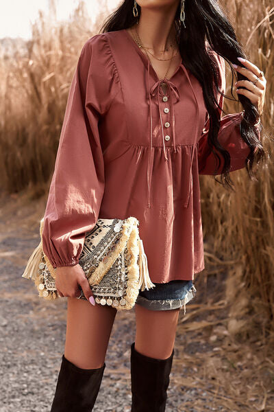 swvws Tied Decorative Button Balloon Sleeve Blouse