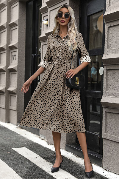 swvws Polka Dot Tied Button Up Dress