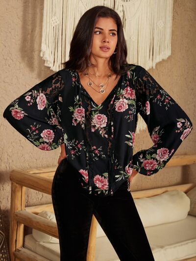 swvws Flower Printed Tie Neck Long Sleeve Blouse