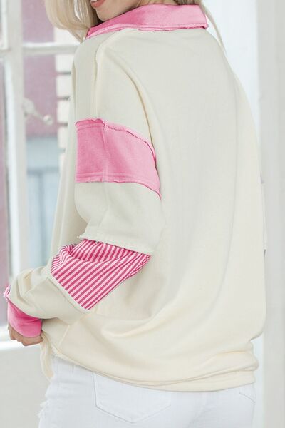 swvws Striped Contrast Johnny Collar Dropped Shoulder Sweatshirt