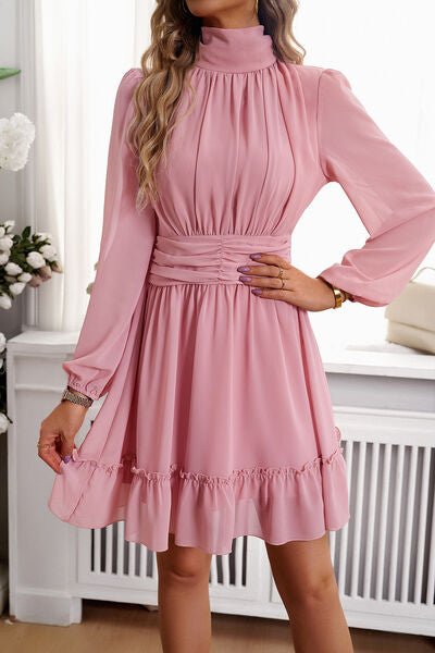 swvws Frill Ruched Mock Neck Balloon Sleeve Dress