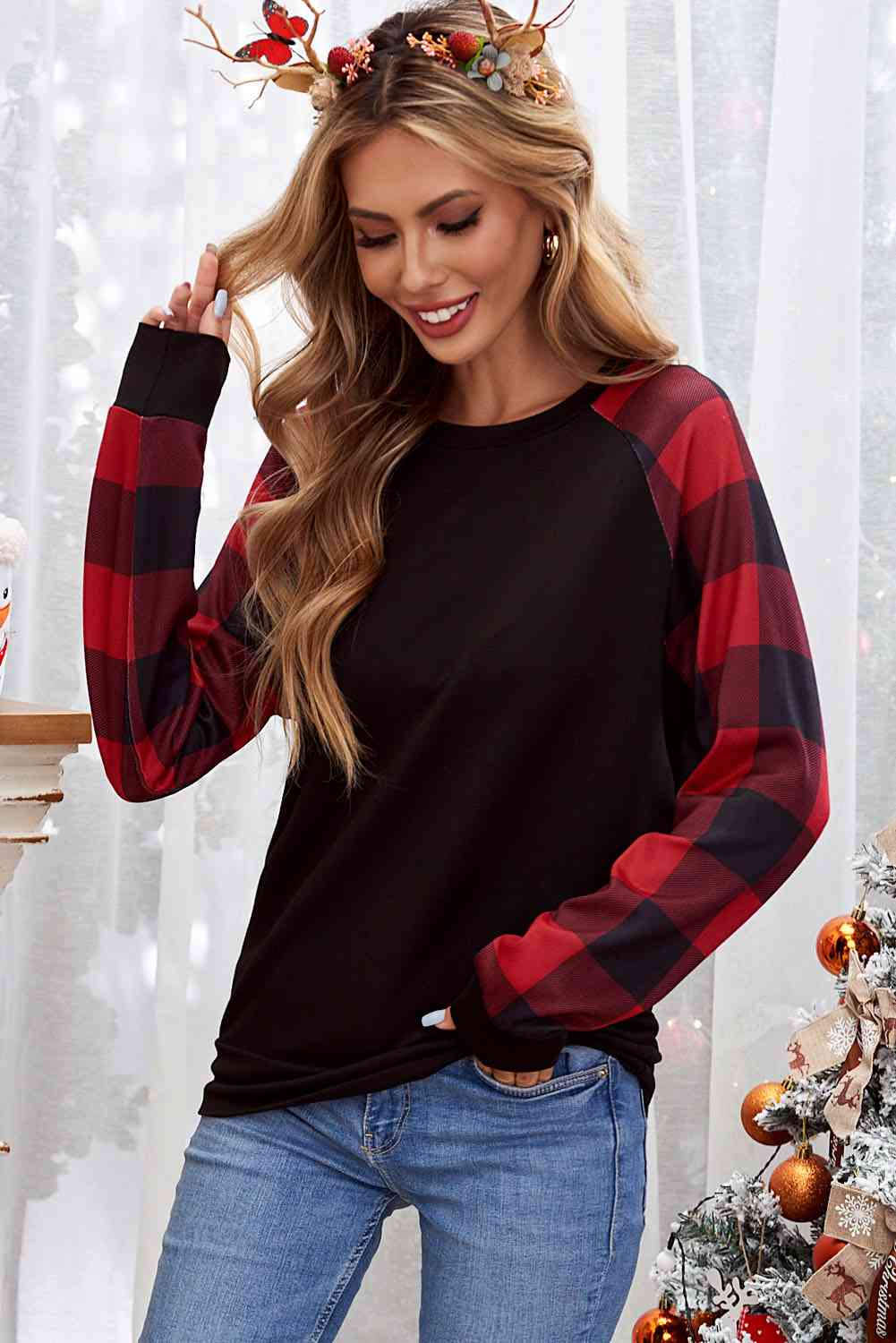 swvws Christmas Buffalo Plaid Long Sleeve Sweatshirt