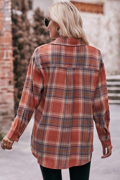 swvws Pocketed Plaid Button Up Dropped Shoulder Shirt