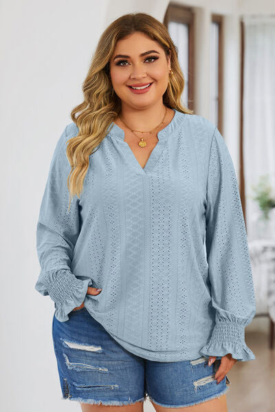 swvws Plus Size Eyelet Notched Flounce Sleeve Blouse