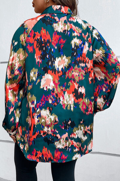 swvws Plus Size Printed Johnny Collar Long Sleeve Blouse