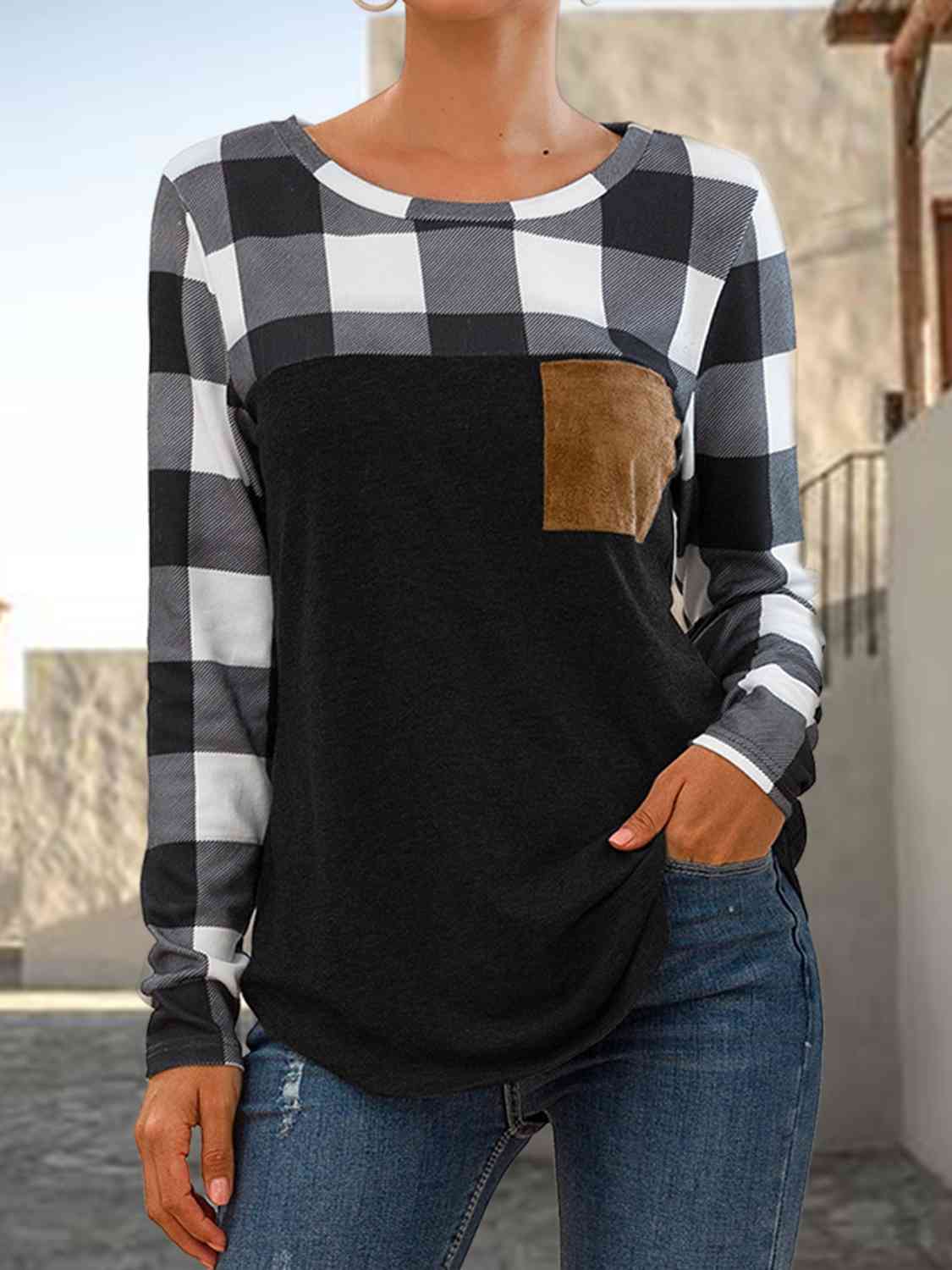 swvws Plaid Round Neck Long Sleeve T-Shirt