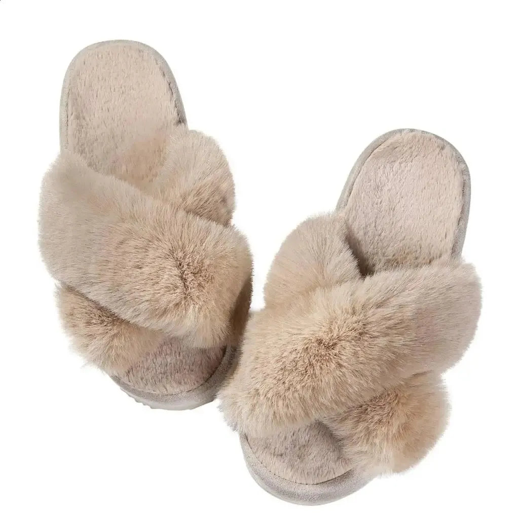 Eyriphy Womens Cross Band Fuzzy Slippers Women Fluffy Fur Slippers Memory Foam Plush Home Shoes Bedroom Slides Women Cozy Soft 240830