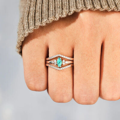 swvws Artificial Turquoise V Shape Inlaid Zircon Ring