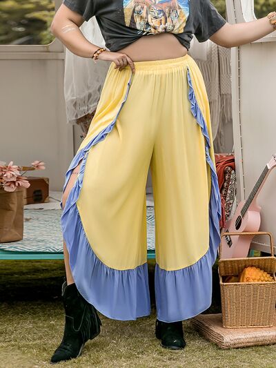 swvws Plus Size Contrast Ruffled Wide Leg Pants