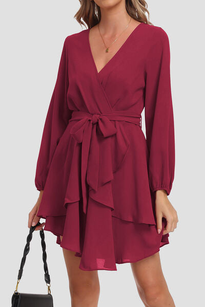 swvws Tied Surplice Balloon Sleeve Layered Dress