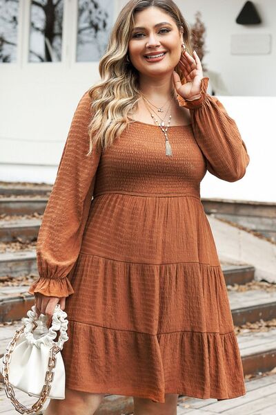 swvws Plus Size Smocked Square Neck Tiered Dress