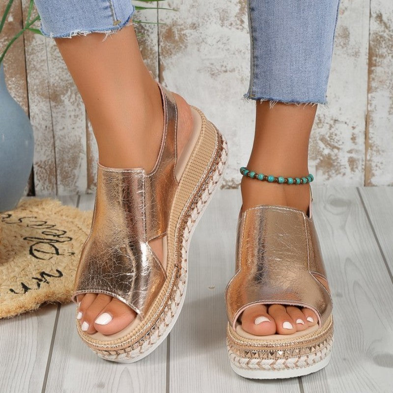 swvws - Gold Casual Hollowed Out Patchwork Fish Mouth Out Door Wedges Shoes (Heel Height 1.97in)