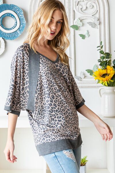 swvws Heimish Full Size Leopard Contrast V-Neck Half Sleeve T-Shirt