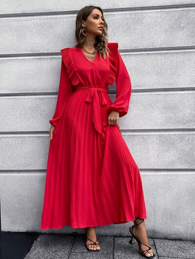 swvws Pleated Surplice Tie Waist Maxi Dress