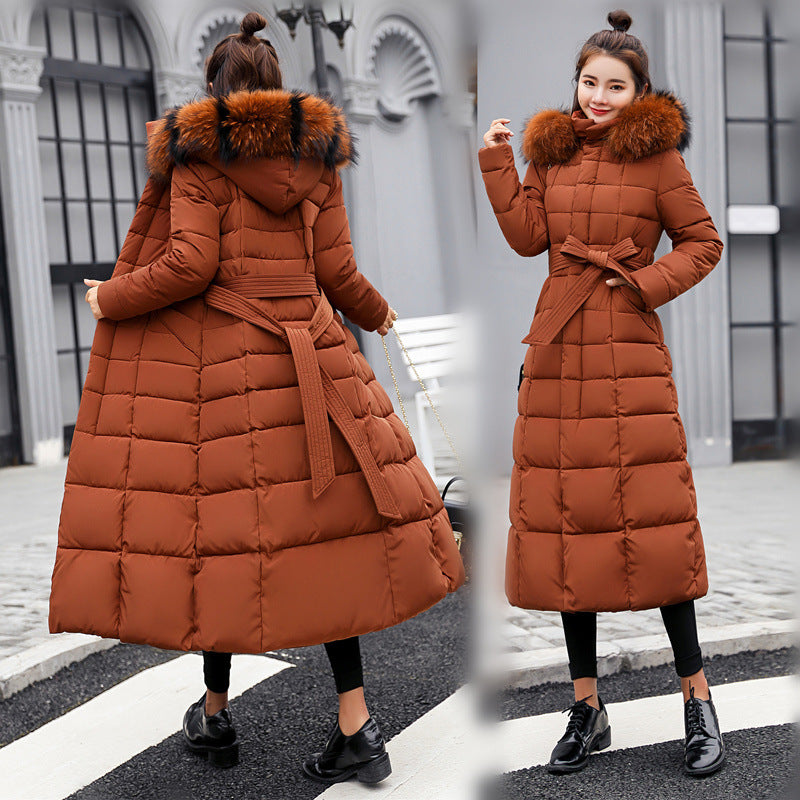 Women's long cotton-padded clothes are over the knee 2023 new winter clothes Korean version with belt slim down cotton-padded clothes and jacket women