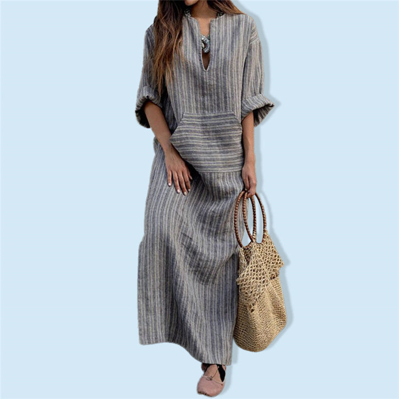 SWVWS Spring and Summer New plus Size Women's Cotton Linen Pocket Yarn-Dyed Loose Length Dress