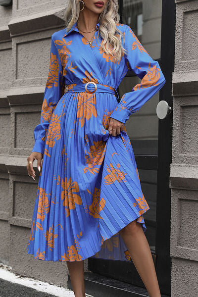 swvws Floral Pleated Surplice Long Sleeve Midi Dress