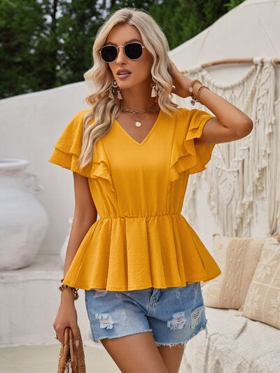 swvws Ruffled V-Neck Peplum Blouse