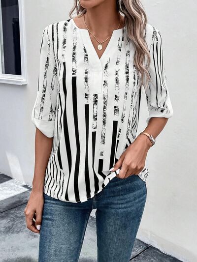 swvws Striped Notched Half Sleeve Blouse