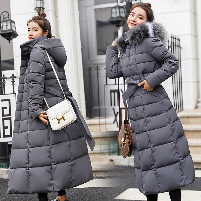 Women's long cotton-padded clothes are over the knee 2023 new winter clothes Korean version with belt slim down cotton-padded clothes and jacket women