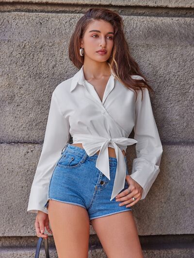 swvws Tie Front Flare Sleeve Cropped Shirt